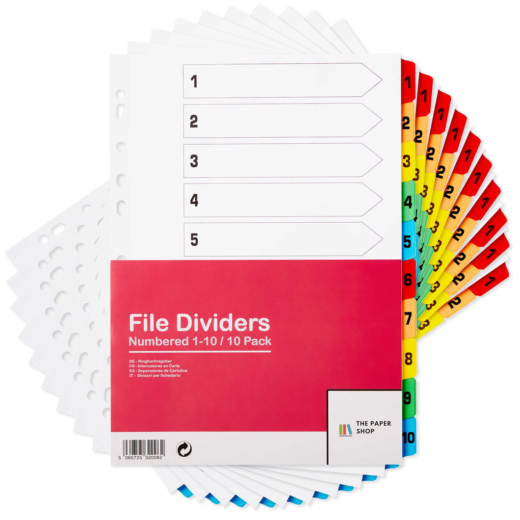 10 Pack of A4 File Dividers 10 Part Numbered 1-10 Subject Dividers with Multipunched Reinforced Colour Tabs 150gsm