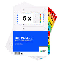 Load image into Gallery viewer, [5 Pack] A4 File Dividers 10 Part Numbered 1-10 with Multipunched Reinforced Colour Tabs 150gsm
