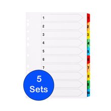 Load image into Gallery viewer, [5 Pack] A4 File Dividers 10 Part Numbered 1-10 with Multipunched Reinforced Colour Tabs 150gsm
