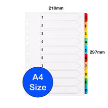 Load image into Gallery viewer, [5 Pack] A4 File Dividers 10 Part Numbered 1-10 with Multipunched Reinforced Colour Tabs 150gsm
