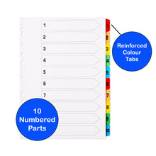 Load image into Gallery viewer, [5 Pack] A4 File Dividers 10 Part Numbered 1-10 with Multipunched Reinforced Colour Tabs 150gsm
