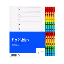 Load image into Gallery viewer, [5 Pack] A4 File Dividers 10 Part Numbered 1-10 with Multipunched Reinforced Colour Tabs 150gsm
