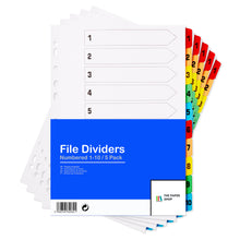 Load image into Gallery viewer, [5 Pack] A4 File Dividers 10 Part Numbered 1-10 with Multipunched Reinforced Colour Tabs 150gsm
