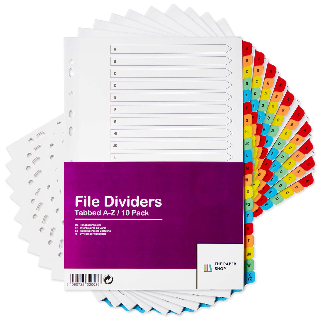 10 Pack of A4 File Dividers with A-Z Tabs Multipunched Reinforced Colour Tabs 150gsm