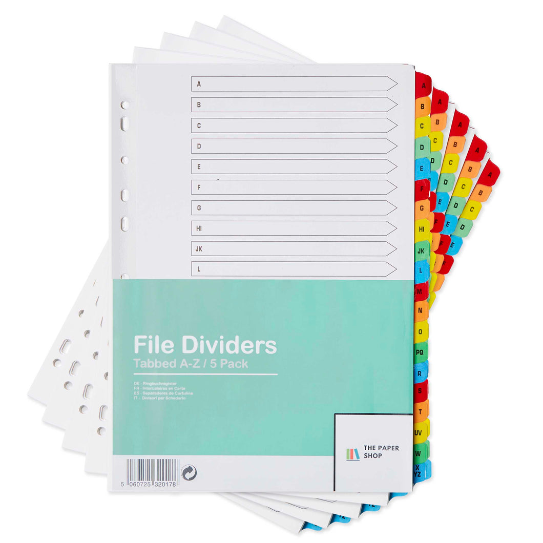 5 Pack of A4 File Dividers A-Z Tabbed Alphabetical Subject Dividers with Multipunched Reinforced Colour Tabs 150gsm