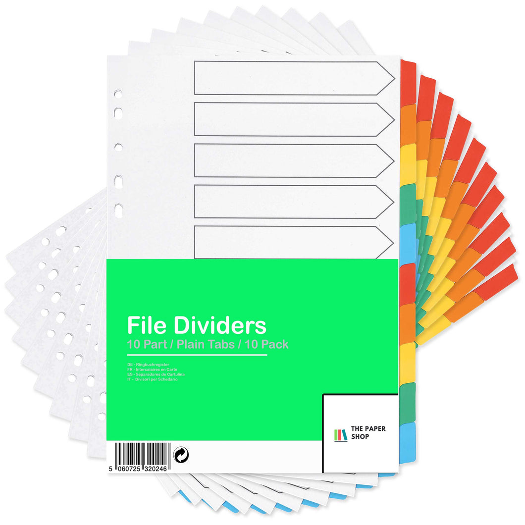 [10 Pack] A4 File Dividers 10 Part Plain Tabs | A4 Subject Dividers 10 Part Without Numbers Multipunched Reinforced Colour Tabs 150gsm