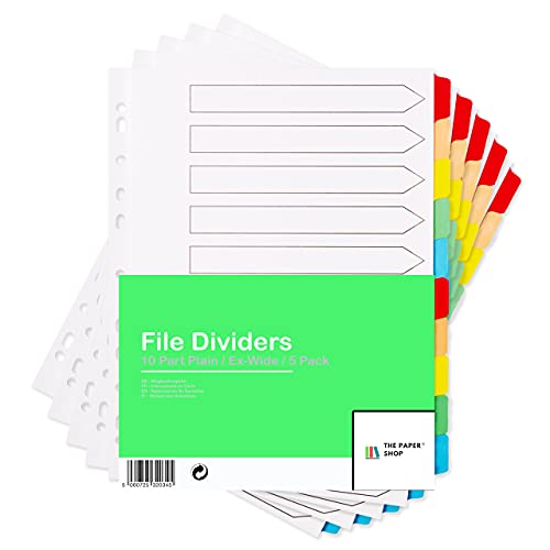 [5 Pack] A4+ File Dividers Extra Wide 10 Part Plain Tabs | A4+ Extra Wide Subject Dividers 10 Part Without Numbers Multipunched Reinforced Colour Tabs 150gsm