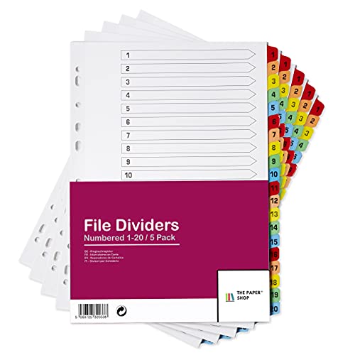 [5 Pack] A4 File Dividers 20 Part Numbered 1-20 | A4 Subject Dividers 20 Part Numbered 1-20 with Multipunched Reinforced Colour Tabs 150gsm