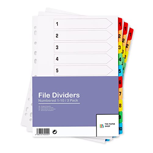 [3 Pack] A4 File Dividers 10 Part Numbered 1-10 | A4 Subject Dividers 10 Part Numbered 1-10 with Multipunched Reinforced Colour Tabs 150gsm