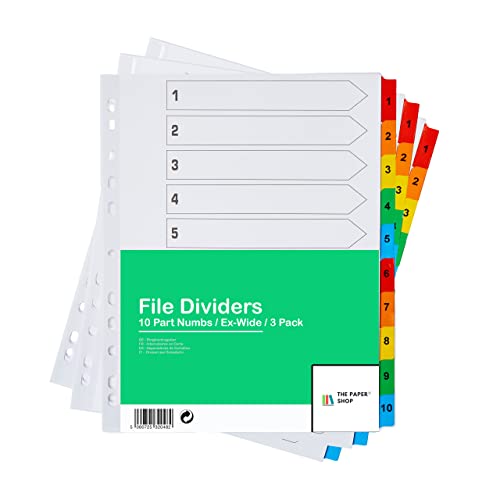 [3 Pack] A4+ File Dividers Extra Wide Numbered 1-10 | A4+ Extra Wide Subject Dividers 10 Part with Numbers Multipunched Reinforced Colour Tabs 150gsm