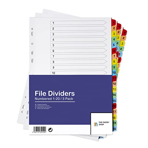 [3 Pack] A4 File Dividers 20 Part Numbered 1-20 | A4 Subject Dividers 20 Part Numbered 1-20 with Multipunched Reinforced Colour Tabs 150gsm