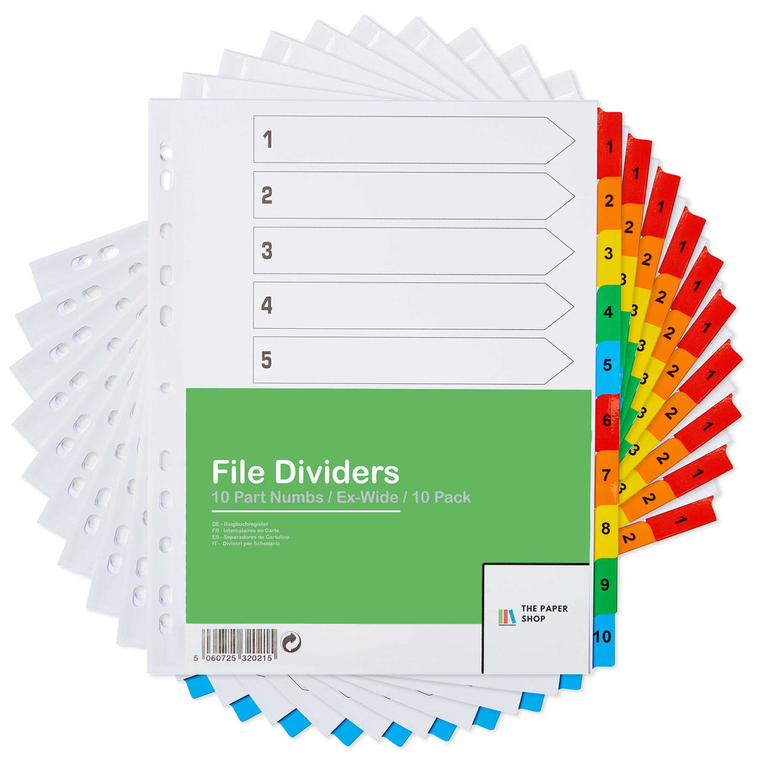 10 Pack of A4+ File Dividers Extra Wide Numbered 1-10 Subject Dividers 10 Part with Numbers Multipunched Reinforced Colour Tabs 150gsm