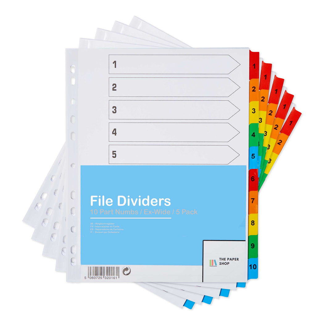 [5 Pack] A4+ File Dividers Extra Wide Numbered 1-10 | A4+ Extra Wide Subject Dividers 10 Part with Numbers Multipunched Reinforced Colour Tabs 150gsm