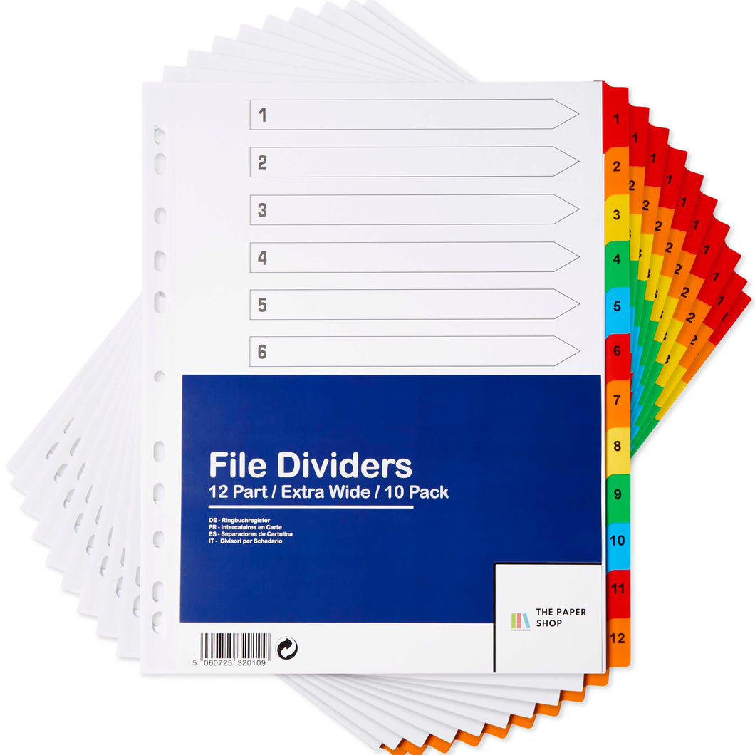 10 Pack of A4+ Extra Wide File Dividers 1-12 Numbered with Multipunched Reinforced Colour Tabs 150gsm