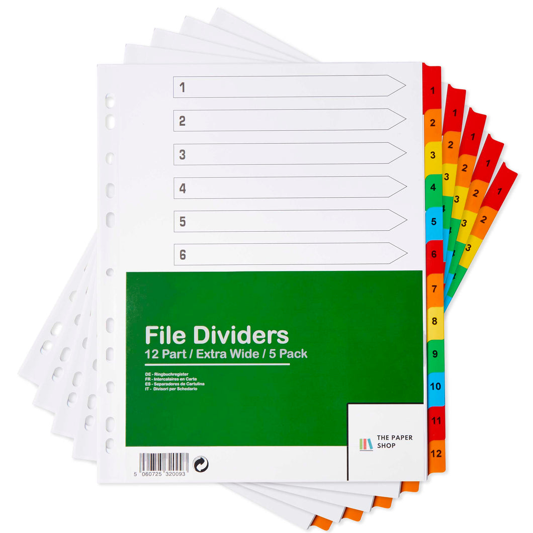 5 Pack of A4+ Extra Wide File Dividers Multipunched Reinforced Colour Tabs 150gsm