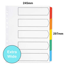 Load image into Gallery viewer, [10 Pack] A4+ File Dividers Extra Wide 5 Part Plain Tabs Subject Dividers Without Numbers Multipunched Reinforced Colour Tabs 150gsm
