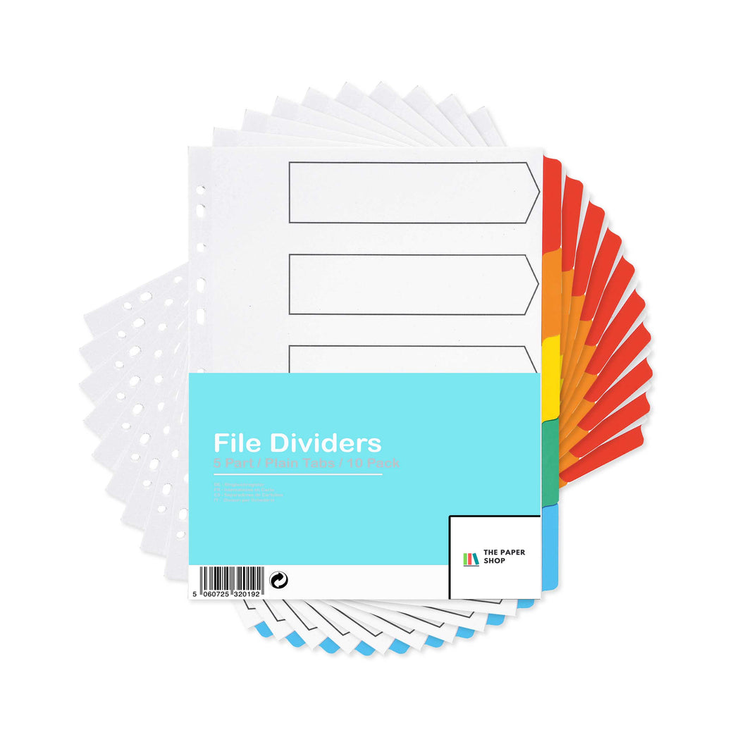 [10 Pack] A4+ File Dividers Extra Wide 5 Part Plain Tabs Subject Dividers Without Numbers Multipunched Reinforced Colour Tabs 150gsm