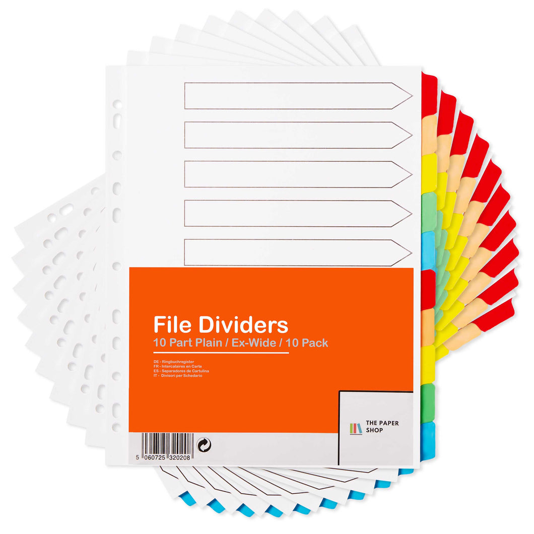 10 Pack of A4+ File Dividers Extra Wide 10 Part Plain Tabs Without Numbers Multipunched Reinforced Colour Tabs 150gsm