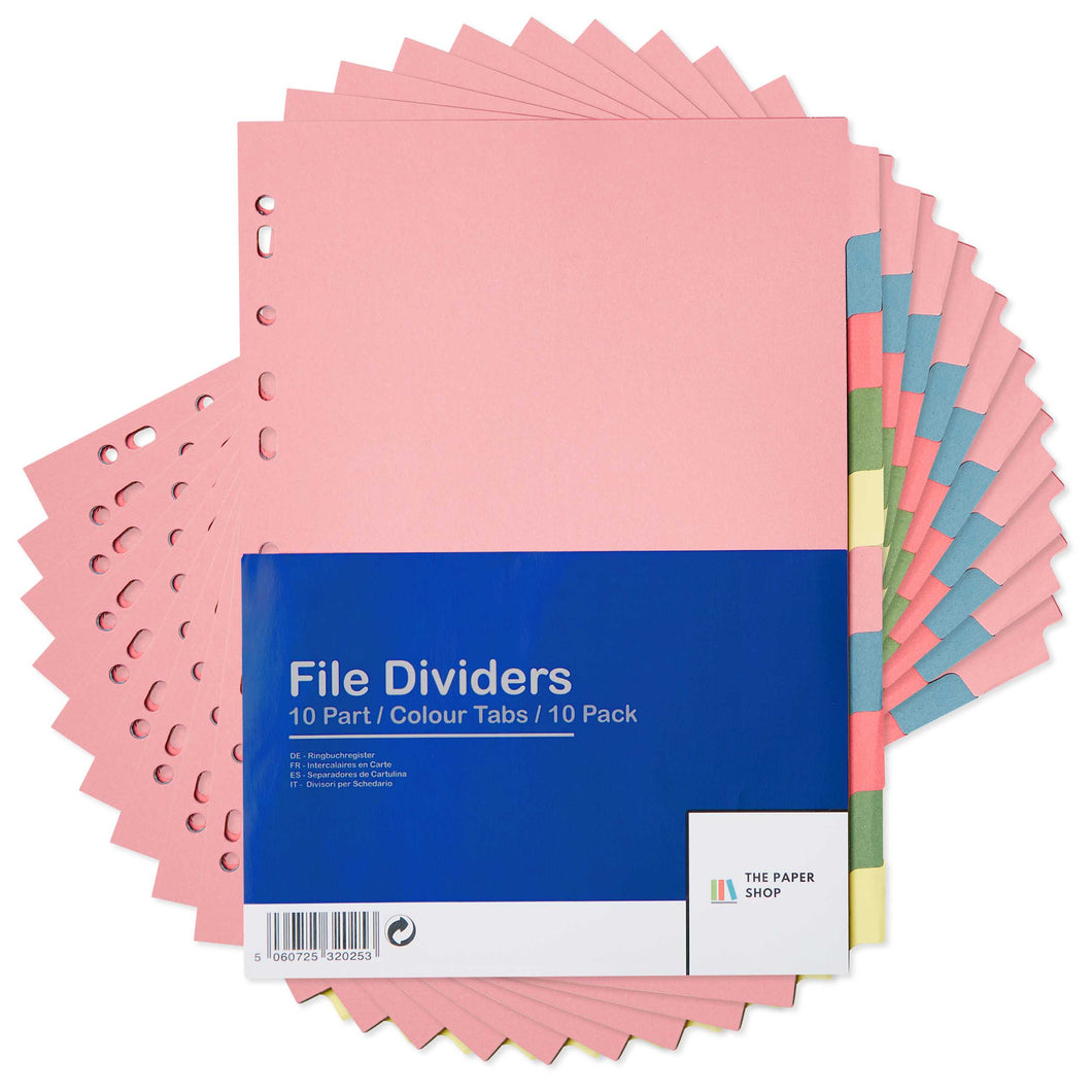 10 Pack of A4 File Dividers 10 Part Subject Multi Hole Punched in Assorted Colours will Fit All A4 Portrait File Dividers