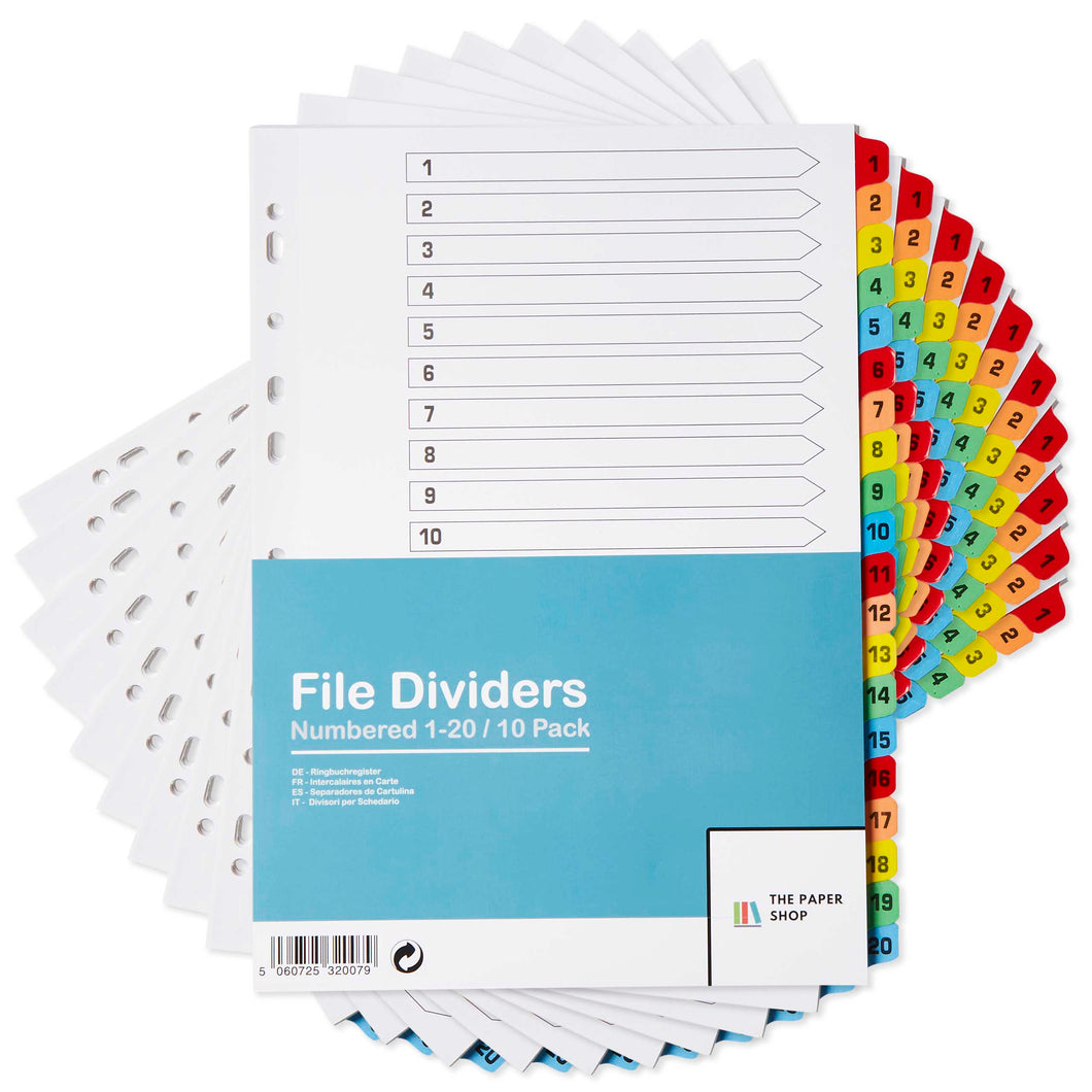 10 Pack of A4 File Dividers 20 Part Numbered 1-20 with Multipunched Reinforced Colour Tabs 150gsm