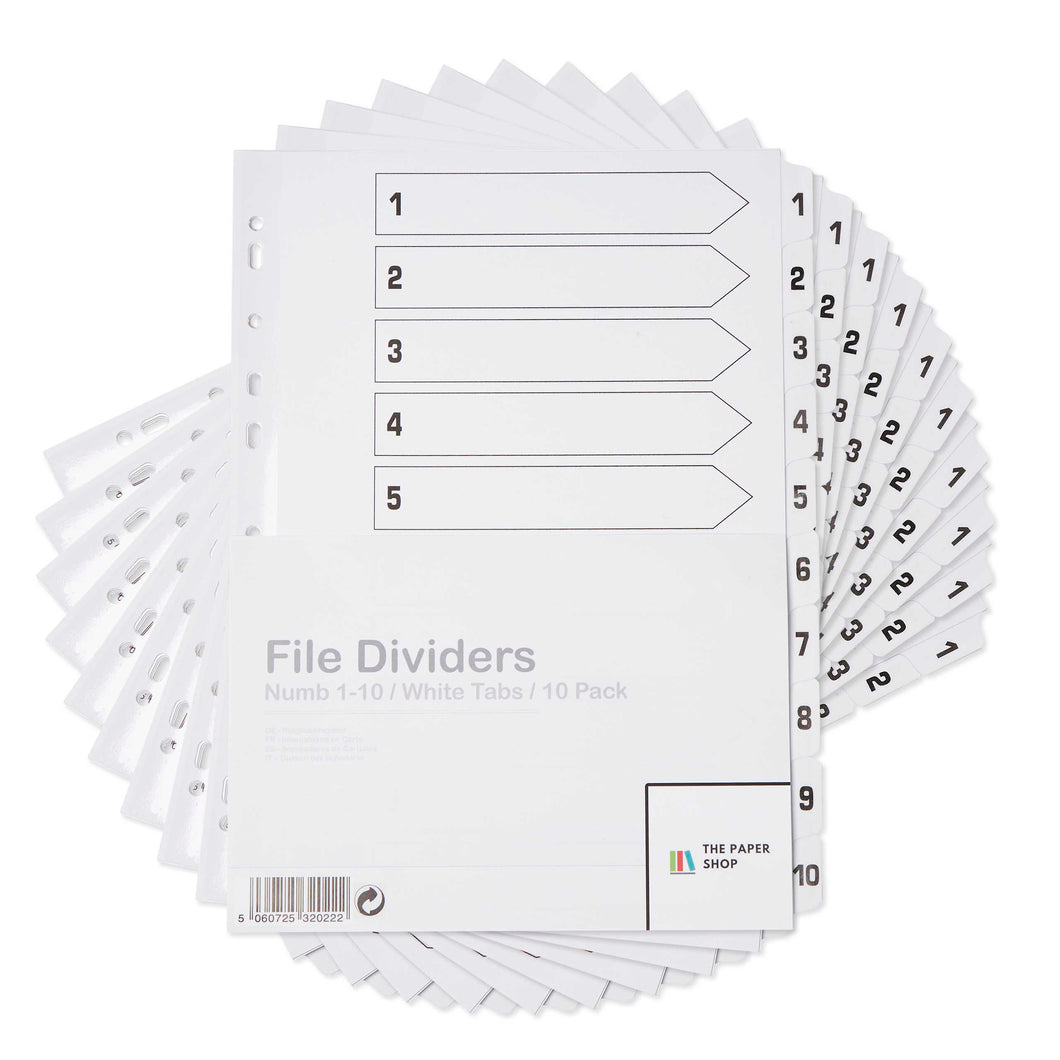 10 Pack of A4 File Dividers 10 Part Numbered 1-10 White Tabs with Multipunched Reinforced White Tabs 150gsm