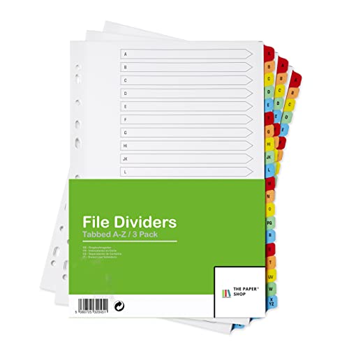 [3 Pack] A4 File Dividers A-Z Tabs | A4 Alphabetical Subject Dividers A-Z with Multipunched Reinforced Colour Tabs 150gsm